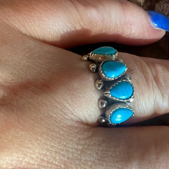 Zuni Navajo Blue Turquoise Ring Band Sleeping Beauty Sterling Petit Point 7 - Picture 4 of 11